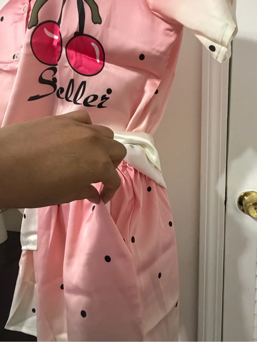 Pink Cherry Polka Dot Satin Short Pajama Set fit Small and Medium
